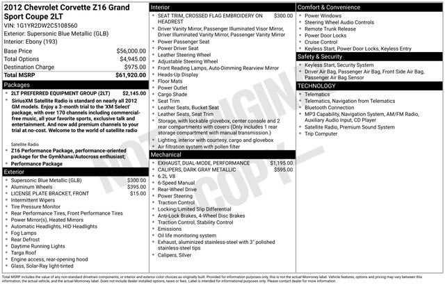 2012 Chevrolet Corvette Z16 Grand Sport w/2LT