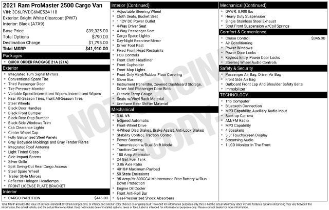2021 RAM ProMaster Cargo Van High Roof
