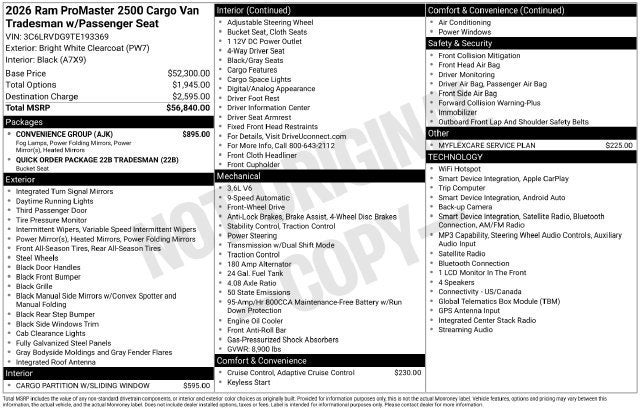 2026 RAM ProMaster Cargo Van Tradesman